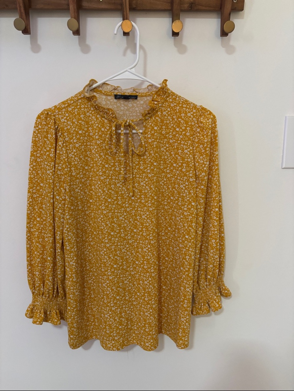Adrianna Papell Mustard Floral Tie-Neck Blouse